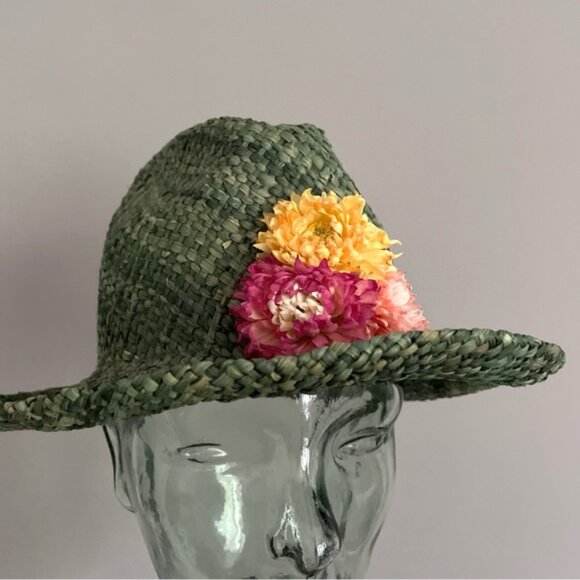Vintage Green Straw Fedora Hat w/ Flowers - made by Vicki Sather 🇨🇦 - Picture 5 of 10